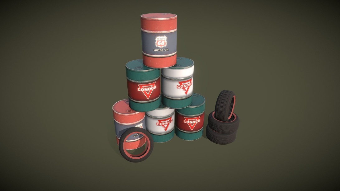 En 3D-rendering av vintage motoroljefat staplade i en pyramid. Faten har klassiska oljebolagsmärken från Phillips 66 och Conoco, med distinkta röda, vita och gröna färger. Några bildäck syns också i arrangemanget, vilket förstärker kopplingen till bilar.